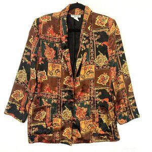 Vintage Dark Floral Satin Blazer Jacket Large Oversized Artsy Asian Paisley USA